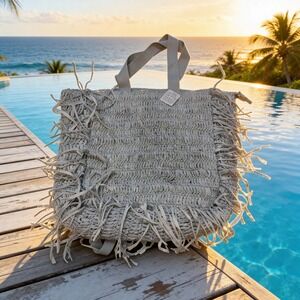 Free People Woven Fringe Tote Backpack Light blue Raffia Boho‎ Beach Bag NEW